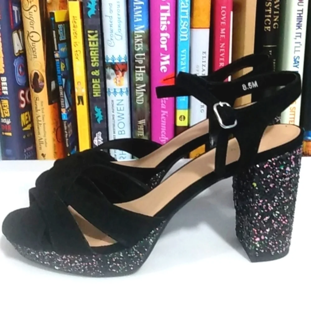 JELLYPOP BLACK STRAPPY PLATFORM GLITTER SPARKLE ANKLE STRAP HEELS SIZE 8.5 NWT